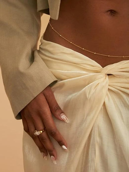 14K Gold Waist Chain for Women, Plated Layered Belly Chain for The Waist Adjustable Waterproof Sexy Bikini Satellite Beads Chain Summer Non Tarnish Body Chain Jewelry Gifts for Women - color: SINGLE