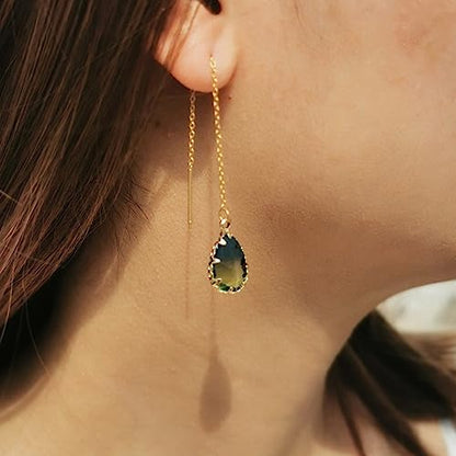 WANGGAO Stainless Steel Water Drop Long Chain Earrings for Women Linear Crystal Threader Earrings Jewelry - color: Green