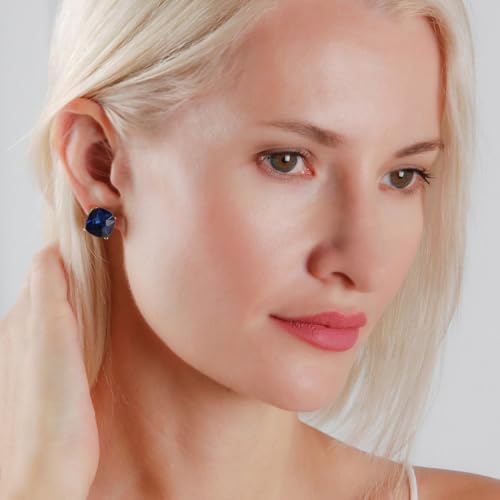 Large Square Stud Earrings for Women - Big Sparkly Rhinestone Studs | Plated in Gold Tone or Silver Tone, Hypoallergenic and Safe for Sensitive Ears - color: Navy Blue