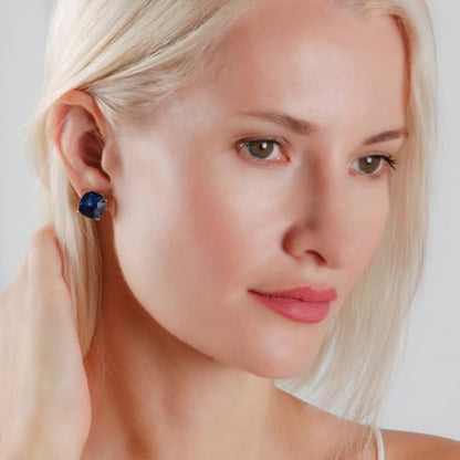 Large Square Stud Earrings for Women - Big Sparkly Rhinestone Studs | Plated in Gold Tone or Silver Tone, Hypoallergenic and Safe for Sensitive Ears - color: Navy Blue