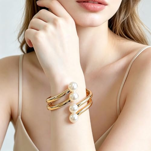 Dainty Pearl Cuff Bracelet for Women Elegant Layered Cuff Bracelet Statement Chunky Gold Bracelets Multi-layer Open Bangle Geometric Winged Bracelets Everyday Party Jewelry - color: Gold1