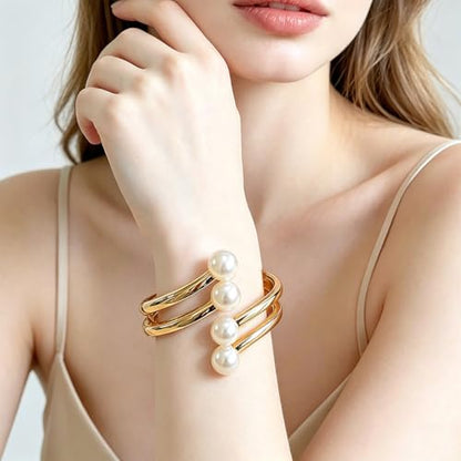Dainty Pearl Cuff Bracelet for Women Elegant Layered Cuff Bracelet Statement Chunky Gold Bracelets Multi-layer Open Bangle Geometric Winged Bracelets Everyday Party Jewelry - color: Gold1