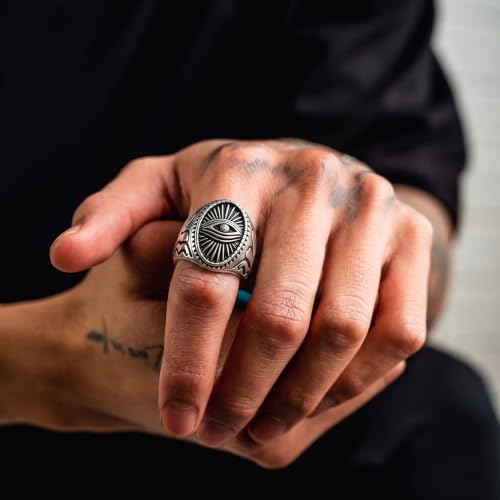 Dacc & Aya Custom Engraved Vintage Signet Ring 925 Sterling Silver Black Oxidized Personalized Statement Jewelry for Men - style: E-Evil Eye