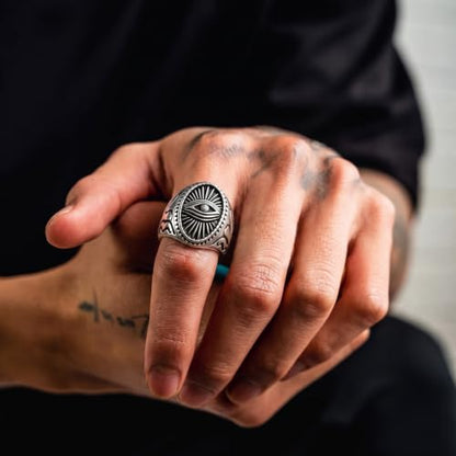 Dacc & Aya Custom Engraved Vintage Signet Ring 925 Sterling Silver Black Oxidized Personalized Statement Jewelry for Men - style: E-Evil Eye