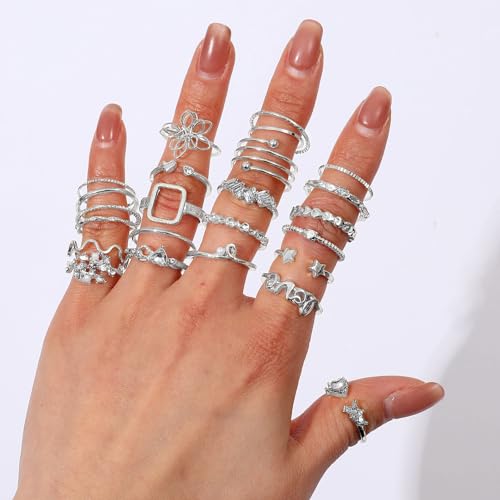 CHICUTIE Gold Knuckle Rings Set For Women Stackable Joint Finger Midi Rings Dainty Cubic Crystal Zirconia Simple Hollow Twist Cute Rings Pack Jewelry Gift - style: 46pcs Silver
