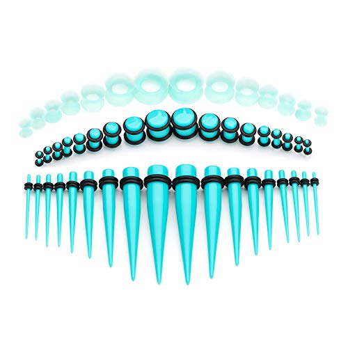 50-Piece Ear Gauges Stretching Kit, 14G-00G | Acrylic tapers and plugs with soft silicone tunnels, body piercing jewelry for women and men - color: Turquoise