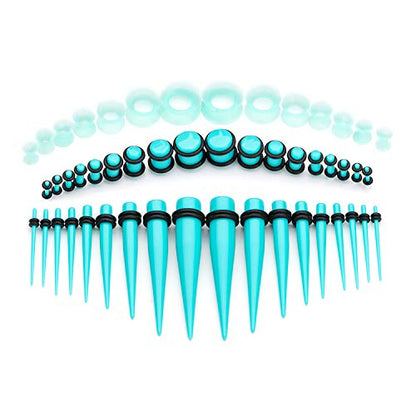 50-Piece Ear Gauges Stretching Kit, 14G-00G | Acrylic tapers and plugs with soft silicone tunnels, body piercing jewelry for women and men - color: Turquoise