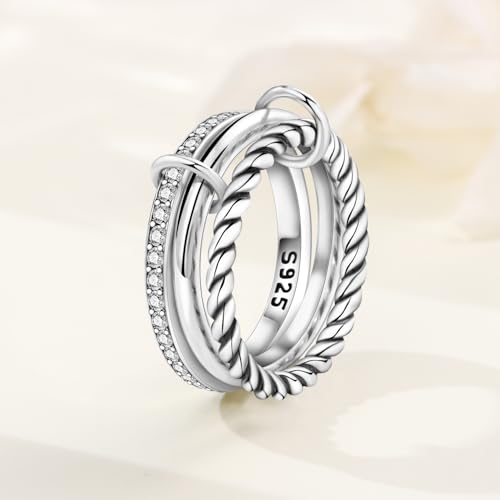 Stackable Patterned Ring 925 Sterling Silver with Cubic Zirconia – Simple CZ Stacking Ring for Women | Dainty Silver Ring S925 Hypoallergenic Jewelry - color: 3PCS Rings
