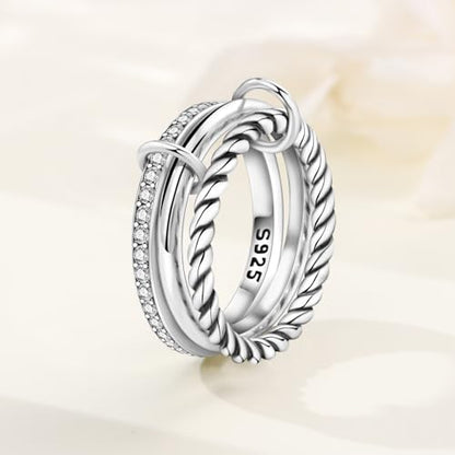 Stackable Patterned Ring 925 Sterling Silver with Cubic Zirconia – Simple CZ Stacking Ring for Women | Dainty Silver Ring S925 Hypoallergenic Jewelry - color: 3PCS Rings