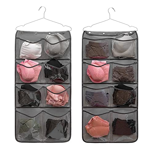 Dual Sided Hanging Closet Organizer Durable Socks Stocking Clothes Bra Accessories Storage Bag With 16 Large Pockets (Clear PVC Pockets)