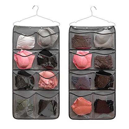 Dual Sided Hanging Closet Organizer Durable Socks Stocking Clothes Bra Accessories Storage Bag With 16 Large Pockets (Clear PVC Pockets)