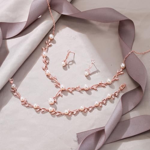 EVER FAITH Cubic Zirconia Pearl Leaf Bridal Jewelry Set for Bride Women | White Wedding Prom Necklace Dangle Earrings Bracelet, for Bridesmaid - color: Pearl_Rose Gold-Plated-Brass