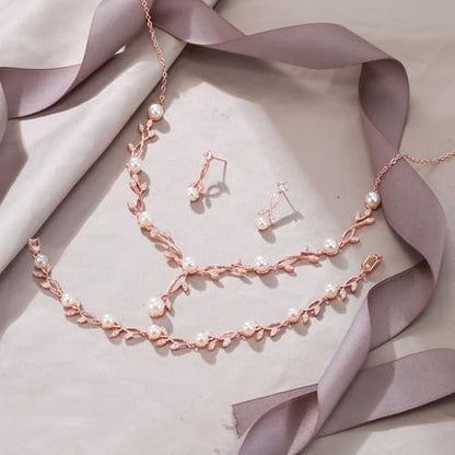 EVER FAITH Cubic Zirconia Pearl Leaf Bridal Jewelry Set for Bride Women | White Wedding Prom Necklace Dangle Earrings Bracelet, for Bridesmaid - color: Pearl_Rose Gold-Plated-Brass