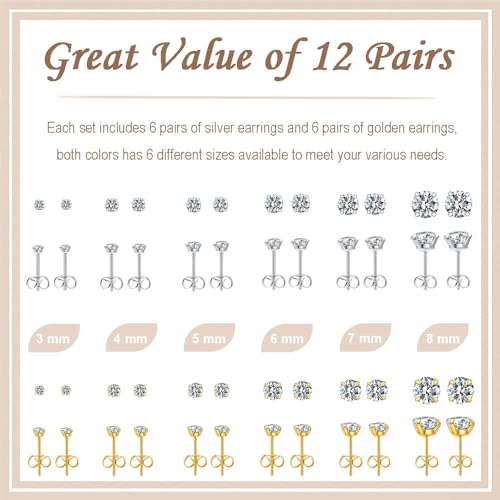 12 Pairs Stud Earrings Set, Hypoallergenic Surgical Stainless Steel 316L Earring for Women Men, Small Earring Studs Pack with Cubic Zirconia - color: Silver & Gold-6 Sizes-3，4，5，6，7，8