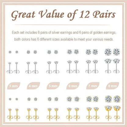 12 Pairs Stud Earrings Set, Hypoallergenic Surgical Stainless Steel 316L Earring for Women Men, Small Earring Studs Pack with Cubic Zirconia - color: Silver & Gold-6 Sizes-3，4，5，6，7，8