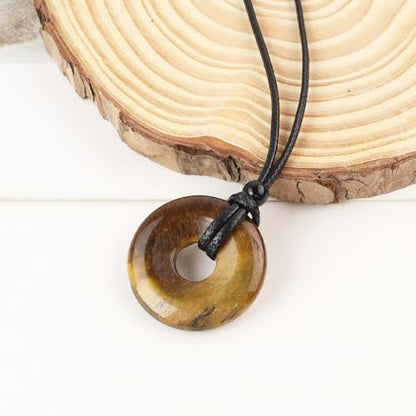 FANASY Natural Gemstone Pendant Necklce Lucky Coin Crystal Necklace Protection Donut Pendnat with Adjustable Rope for Men Women - color: Tiger's Eye