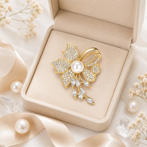Crystal Floral Pin with Rhinestones, Crystal Floral Pin, Golden Pearl Flower Brooch Pins for Women