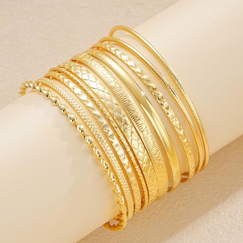 ÌF ME Gold Bangle Bracelets for Women, Indian Bangles Stackable Set, Multi Layer Textured 18K Gold Plated Chunky Bracelets Boho Jewelrys Set - style: F-10PCS Textured bangles
