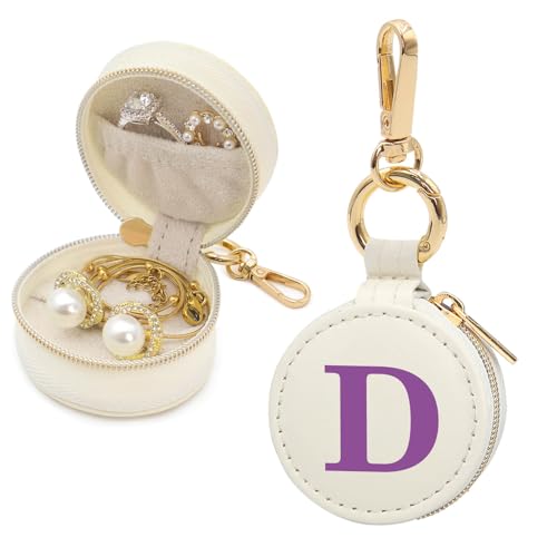 Mini Initial Travel Jewelry Case Ring Holder, Beige Faux Leather Small Jewelry Organizer Box Gifts for Women Girls Nurse Teacher, Gym Travel Accessories Keychain Pouch for Earrings Rings Necklace D - color: Beige, size: Leather-D