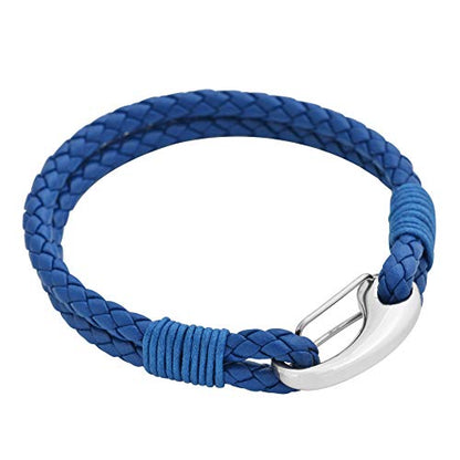 Edforce Braided Genuine Leather 2-Strand Cuff Bracelet with Stainless Steel Clasp - color: Blue