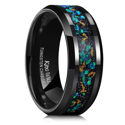 King Will Mens Wedding Band with Foils Inlay, Black/Silver/Gold | Black, 6mm/8mm, Beveled Edge, Comfort Fit, Glowstone Ring, Everyday Wear - color: Black&Opal-8mm