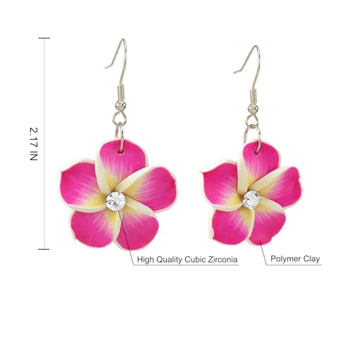 Floral Dangle Earrings for Women Hawaiian Tropical Plumeria Rubra Flower Drop Earrings with Cubic Zirconia Luau Beach Party Vacation Hawaiian Accessories Jewelry Gift - color: Hot Pink