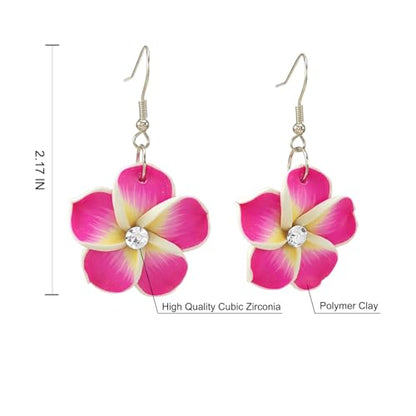 Floral Dangle Earrings for Women Hawaiian Tropical Plumeria Rubra Flower Drop Earrings with Cubic Zirconia Luau Beach Party Vacation Hawaiian Accessories Jewelry Gift - color: Hot Pink