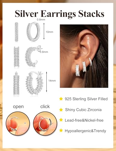Small Gold Earring Stack Trendy 925 Sterling Silver Earrings for Women Hypoallergenic 14K Gold Plated Cubic Zirconia Stud Hoop Non Tarnish Huggie Hoop Earrings Set for Multiple Piercing Jewelry Gift - style: Silver: 3 Pairs of CZ Hoops