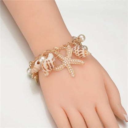 Spiritrain Handmade Starfish Seashell Pearl Bracelets for Women Gold Plated Bohemian Charm Sea Shell Couch Beads Adjustable Chain Anklet Bracelets Hawaiian Beach Holiday Mermaid Costume Jewelry Gifts - color: Gold