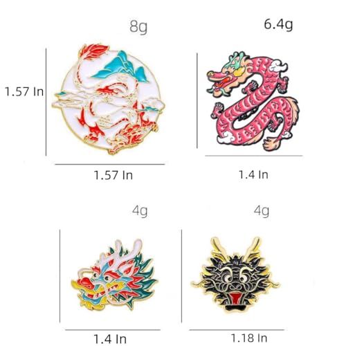 4pcs Chinese Dragon Enamel Lapel Pin Set, Dragon ChineseZodiac Style Traditional Design Red Yellow Pink Blue Green - color: GOLD