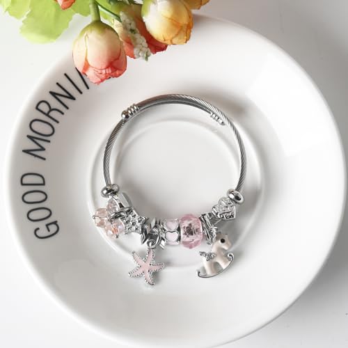 DS Charm Bracelets for girls,exquisite cute cartoon friendship bracelets Silver Stainless Steel Bangle with birthday Gift box, Adjustable girls jewelry Suitable for holiday gifts - style: Silver-Pink Pony