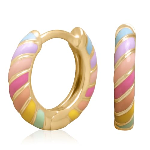 14K Gold Plated Sterling Silver Enamel Color Huggie Hoop Earrings for Women – Wide Range of Vibrant Color Options Available - color: Rainbow / Multi 2