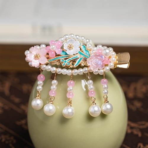 A Pair Wedding Hair Clips, Handmade Floral Design Crystal Hair Clips Pearl Barrettes, Rhinestones Flower Clips Pearl Headpieces Hair Pins Hair Accessories for Women Girls (Pink Flower) - color: Pink Flower