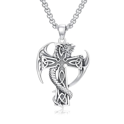 ROMANTICWORK Cross Necklace for Men 925 Sterling Silver Three Nail Cross/Atheist/Anchor/Skull Pendant Christian Protect Jewelry Birthday Gifts for Husband - color: Dragon Cross
