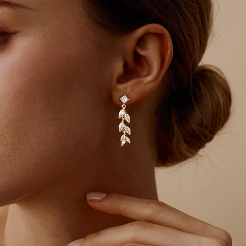Lunvky 14K Gold Plated Dangle Earrings for Women Dainty Silver Drop Earring Trendy Long Dangling Wedding Bridesmaid Hoop Diamond Crystal Cute Earring Prom Jewelry Birthday Gifts - color: H-1 pair leaf gold