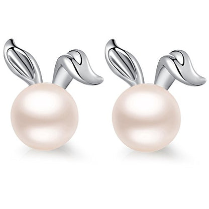 Han han Pearl Stud Earrings for Women 925 Sterling Silver, Pearl Jewelry Gift for Women 8MM-13MM - style: D-Rabbit Pearl Studs-8mm