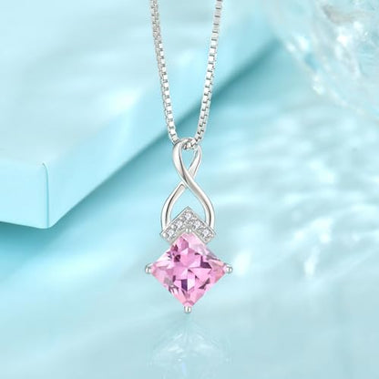 Infinity Necklace 925 Sterling Silver Princess Cut Pendant Birthstone Jewelry for Women - color: Pink