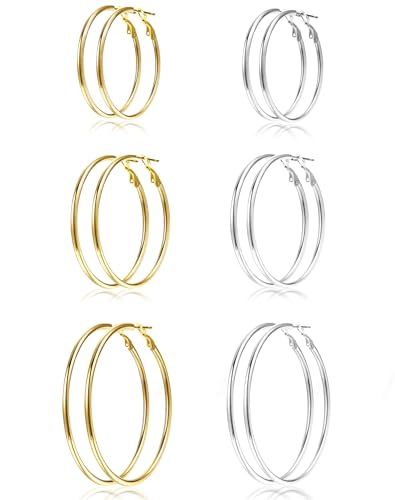 4 Pairs Gold Sliver Hoop Earrings For Women, Hypoallergenic Surgic Steel | 14K Gold Plated Stainless Steel, 30/40/50/60mm, Small Medium Large Size, Thin, Lightweight - color: 6 Pairs Gold+Silver-30/40/50mm