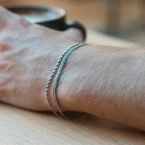 Mens Bracelet - Dainty Gold/Silver Chain Bracelet Stack 14K Gold Plated Silver Bracelets for Men Stainless Steel Adjustable Cross Charm Cuban Link Bracelet Snake Jewelry Set to Men Dad Birthday Day - color: Silver 4pcs, size: 8+2 Inch