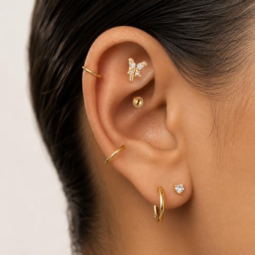 16 Pcs Rook Piercing Jewelry Eyebrow Piercing Stainless Steel Vertical Labret Lip Jewelry 16G Gold Cartilage Curved Barbell Daith Surface Tragus Belly Lip Ring Body Piercing Jewelry for Women