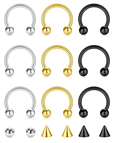 D.Bella 16G 18G 20G Horseshoe Septum Rings Surgical Steel Nose Piercing Jewelry Cartilage Helix Tragus Earring Hoop Eyebrow Lip Retainer for Women Men 6mm 8mm 10mm 12mm - color: 18G-10MM-Sliver Gold Black
