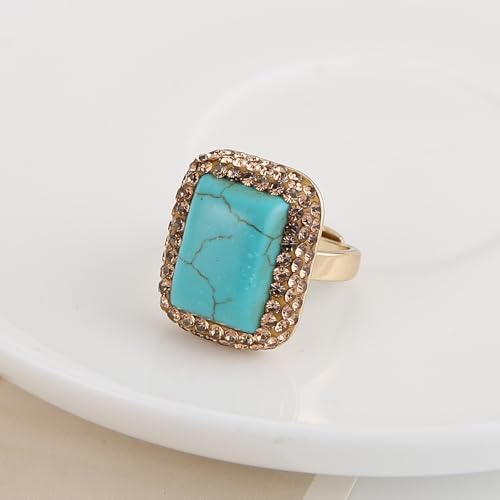 HZMAN Natural Stone Statement Ring for Women, Crystal Paved Bold Cocktail Ring, Adjustable Gold Tone Fashion Jewelry - color: Turquoise Square