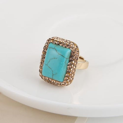 HZMAN Natural Stone Statement Ring for Women, Crystal Paved Bold Cocktail Ring, Adjustable Gold Tone Fashion Jewelry - color: Turquoise Square