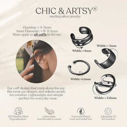 CHIC & ARTSY 925 Sterling Silver Ear Cuffs for Women, Non Piercing Clip On Cartilage Cuffs, Adjustable Fake Conch & Helix Earrings, Gold Plated & Oxidized Various Styles - color: ear cuff #7