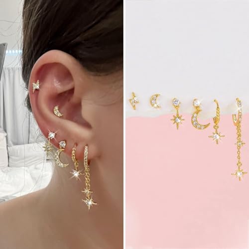 Gold Plated Ear Cuff Earrings for Women Non Piercing - Hypoallergenic Ear Cuffs Silver/Gold Non Tarnish Clip on Cartilage Earrings Fake Earring Set - color: D6:moon and star earrings