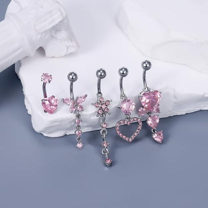 Vsnnsns 14G Dangle Belly Button Ring Piercing Jewelry 316L Stainless Surgical Steel Snake Heart Butterfly Flower Diamond CZ Navel Rings Dangling Belly Button Ring Piercing Jewelry for Women 14 Gauge - color: Silver-Pink CZ