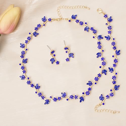 Brides Bridesmaid Flower Leaf Choker Necklace Dangle Earrings Link Bracelet Austrian Crystal Wedding Jewelry Set for Prom Costume Party Accessories for Woman - color: Blue-Gold Plated