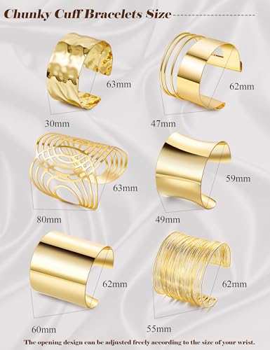 REVOLIA 6Pcs Chunky Cuff Bracelets Set for Women Minimalist Irregular Statement Wrist Cuff Adjustable Hammered Bangles Bracelets Open Wide Wire Arm Cuff Bracelet - color: Gold-A