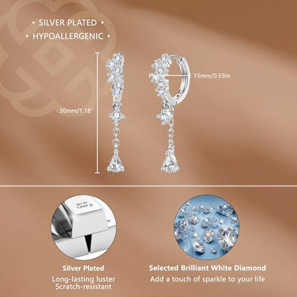 Silver CZ Dangle Earrings Hoop Leverback Drop Earrings Jewelry in Gifts Box | Hypoallergenic Elegant Cubic Zirconia Lightweight Drop Sliver /14k Gold Chain Drop Earring Jewelry for Women Daily Wear - color: Silver