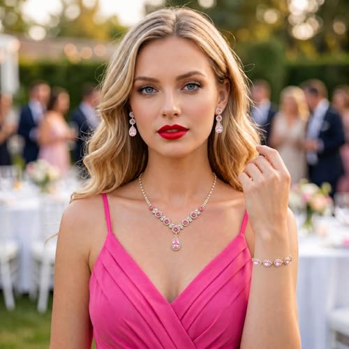 Paxuan Silver/Gold Rhinestone Crystal Wedding Bridal Bridesmaids Earrings Bracelet Set for Women Brides Bridesmaids Crystal Rhinestone Bracelet Earrings Set for Wedding Bridal Prom Pageant - color: Pink